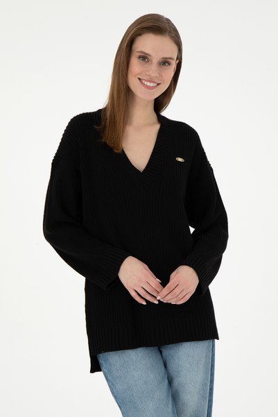 Women's Black V-Neck Sweater 50297120 -Vr046