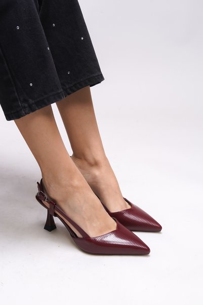 Elyerue Women's Open Back Pointed Toe Stiletto 0012725   Burgundy Patent Leather Striped