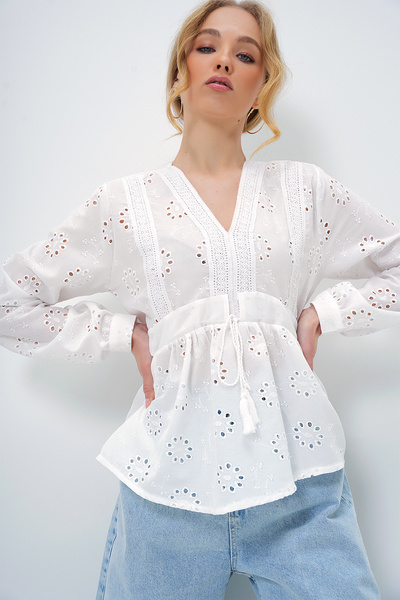 White V-Neck Embroidered Woven Blouse with Tie Detail Alc-X13422