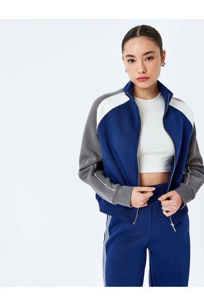 Raised Color-Blocking Raglan Sleeve Zip-Up Sweatshirt