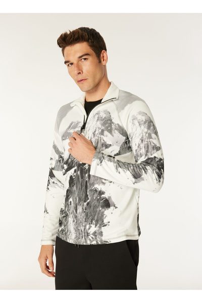 White Men's Zipper Collar Basic Fit Patterned Long Sleeve T-Shirt D4Wm-Tst3998