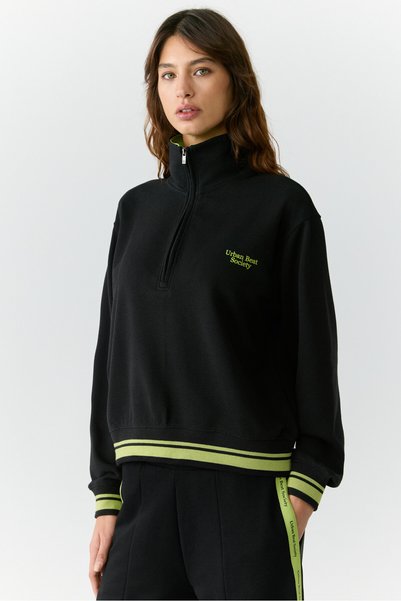 Natan Women's Stand Collar Zippered Print Detailed Relaxed Black Sweatshirt