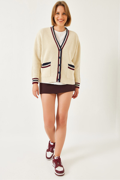 Women's Ecru Striped Thessaloniki Knitted Cardigan 20246948