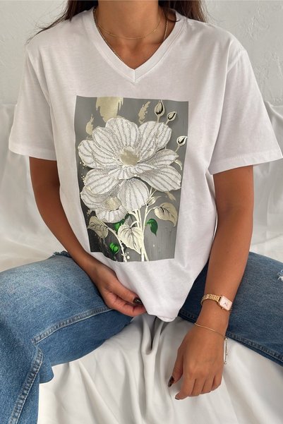 Women's White V-Neck Plus Size Flower Pattern Sequin Sequin Embroidered 100% Cotton Plus Size T-Shirt