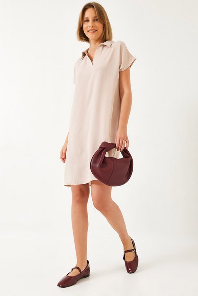 Women's Stone Polo Collar Summer Loose Linen Ayrobin Dress 70219 60271008