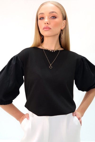 Black Wide Collar Poplin Watermelon Sleeve Two Thread Blouse Alc-X13483