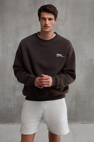 Ernest Men's Organic Cotton Soft Print Detailed Crew Neck Brown Sweatshirt with Fleece Inside