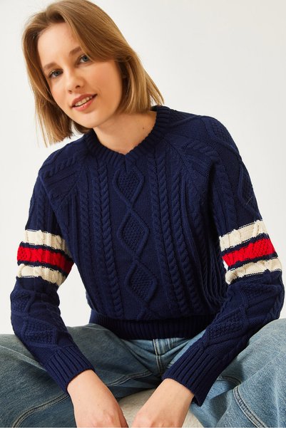 Women's Navy Blue V-Neck Patterned Knitwear Sweater 20246919