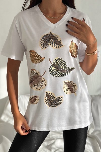 Women's White V-Neck Plus Size Leaf Sequin Embroidered 100% Cotton Plus Size T-Shirt