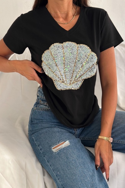 Women's Black V-Neck Seashell Sequin Embroidered 100% Cotton T-Shirt