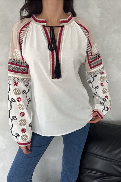 Women's White Lace-Up Full Embroidered Cotton Blouse