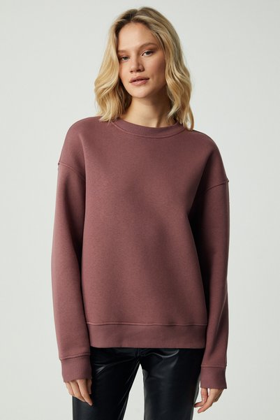 Vaneltina Women's Organic Cotton Soft Fleece Inside Round Neck Plum Sweatshirt