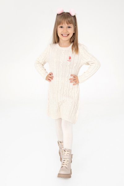 Girl's Cream Melange Crew Neck Knitwear Dress 50297201-Vr159