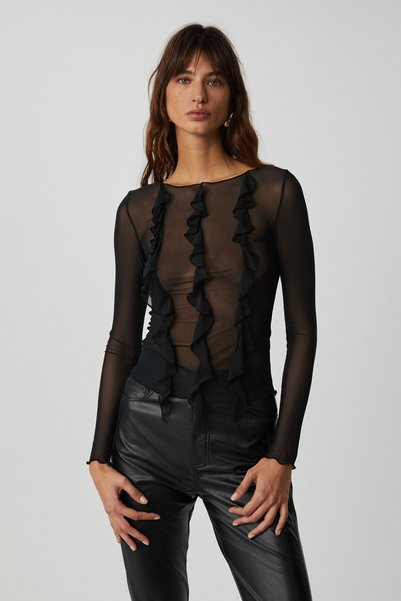 Alıyah Women's Tulle Fabric Ruffled Sheer Body Wrap Black Blouse