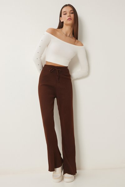 Spanish Style Stretchy Knit Trousers Brown Lus0072