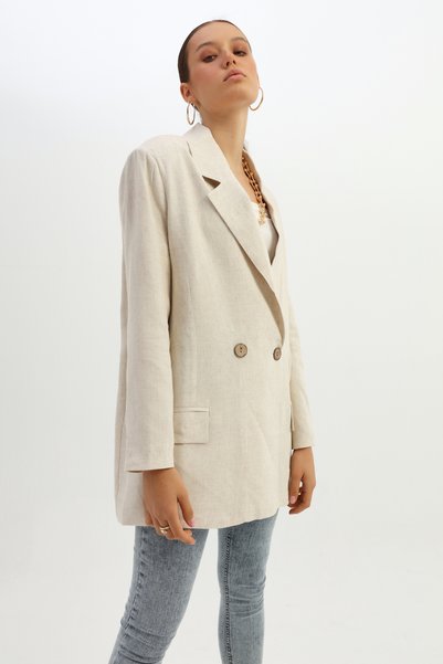 Double-Breasted Collar Single Button Linen Blazer Jacket Natural