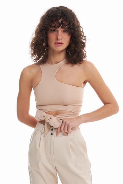 Low-cut Detailed Tie-Up Blouse Beige