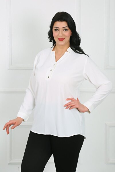 Женска бела кошула со V-neck деколте од дубаи ткаенина за полнички