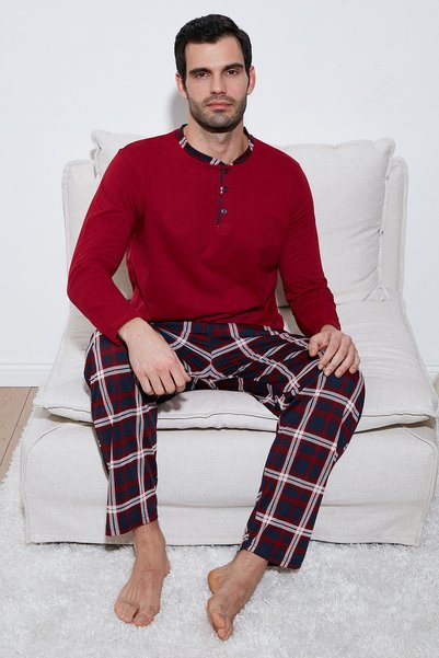 Plaid Cotton Regular Fit Long Sleeve Pajama Set Men's Pajama Set 60961005