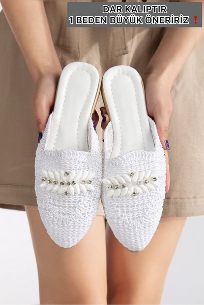 Women's Woven Straw Slipper Closed Toe Lace Stone Detail Elegant Summer Home Beach Holiday Slipper