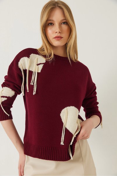 Women's Burgundy Ecru Heart Fringed Knitwear Sweater 20246860
