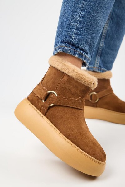 Caterina Women's Genuine Leather Fur-Lined Belted Tan Boots