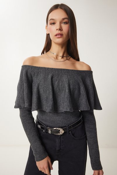 Flounced Carmen Collar Knitwear Blouse Anthracite Lus0076