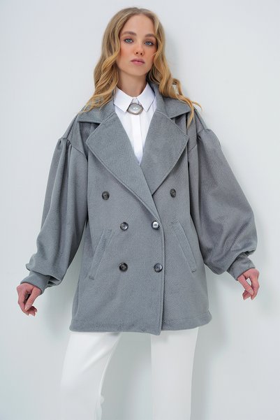 Women's Gray Double Breasted Lapel Balloon Sleeve Cashew Coat Alc-X10913