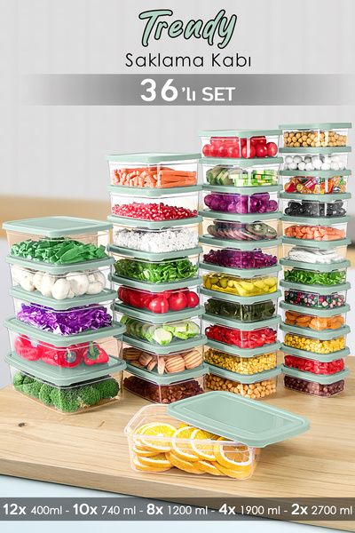 Set of 36 Rectangular Food Storage Containers - Microwave Safe Organizer Food Container Green