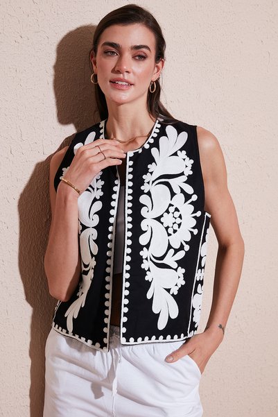 Cotton Regular Fit Floral Embroidery Embroidered Vest Vest 676238