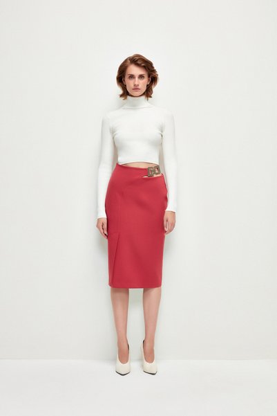 Slit-Waist Pencil Skirt with Metal Buckle