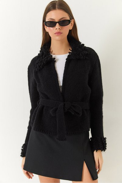 Women's Black Collar and Sleeve Tassel Knitwear Cardigan 20246335
