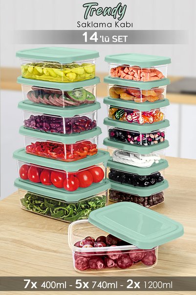 Set of 14 Rectangular Food Storage Containers - Microwave Suitable Organizer Organizer Food Container Green