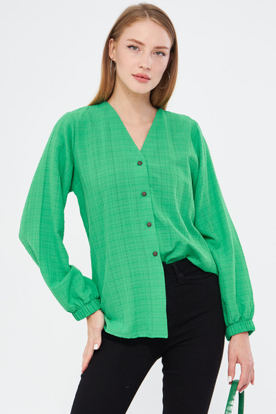 Women's Light Green Elastic Sleeve Crinkle Shirt ARM-24K001002