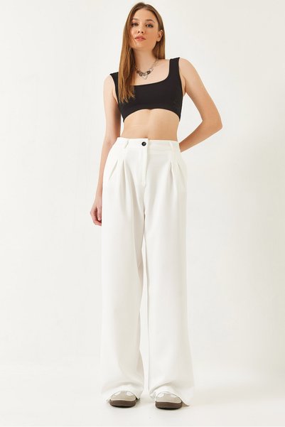 Women's White Wide Leg Masculine Woven Trousers 60271019