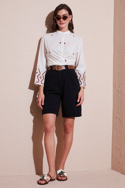 Cotton Relaxed Fit High Waist Belt Gabardine Short Shorts 668Yp4710