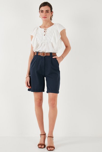 Cotton Relaxed Fit High Waist Belt Gabardine Short Shorts 668Yp4710