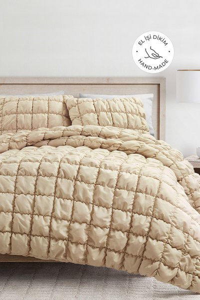 Puff Bed Cover Set Double Handcrafted Cotton Comforter 3 Pieces Sleeping Set 240X250Cm Light Beige