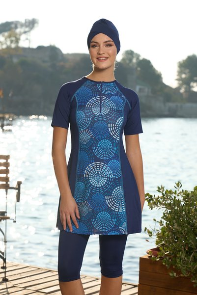 Short Sleeve Semi-Closed Swimsuit 24824 Navy Blue