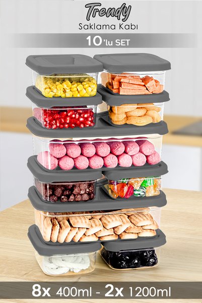 Set of 10 Gray Food Storage Containers - Microwavable Organizer