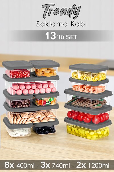 Set of 13 Rectangular Food Storage Containers - Microwave Safe Organizer Food Container Gray