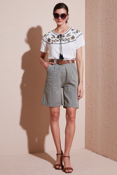 Cotton Relaxed Fit High Waist Belt Gabardine Short Shorts 668Yp4710