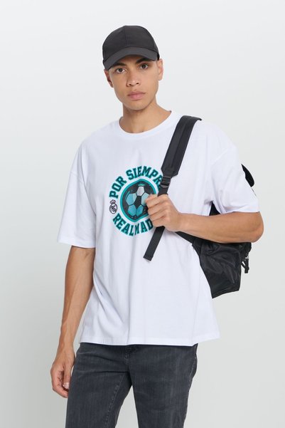 Men's White Real Madrid Licensed Oversize Fit Loose Fit 100% Cotton Crew Neck T-Shirt