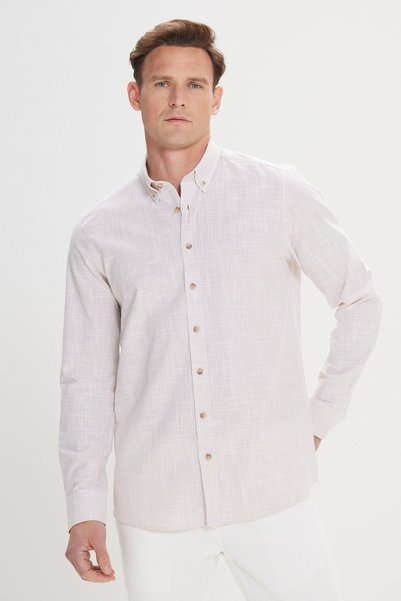 Men's Beige Slim Fit Slim Fit Buttoned Collar Linen Look 100% Cotton Flame Summer Shirt