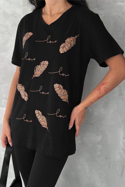 Women's Black V-Neck Plus Size Leaf Sequin Sequin Embroidered 100% Cotton T-Shirt
