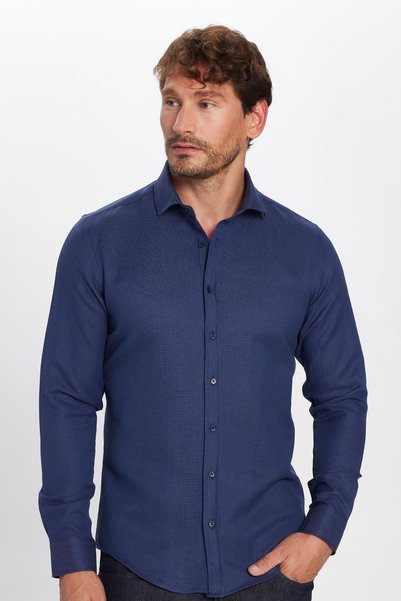 Men's Slim Fit Long Sleeve Cotton Easy-Iron Dobby Navy Blue Shirt