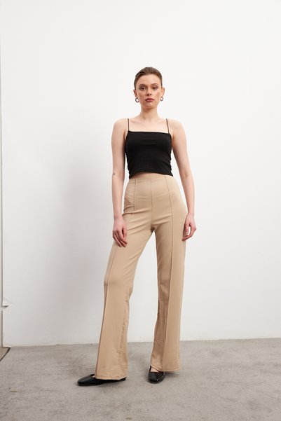 Women's Cream High Waist Ribbed Stitched Flexible Trousers