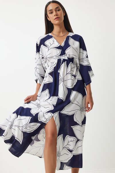 Wrap Collar Patterned Summer Viscose Dress Dark Blue White Ldk0003
