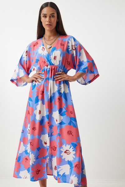 Wrap Collar Patterned Summer Viscose Dress Lila Pink Ldk0003