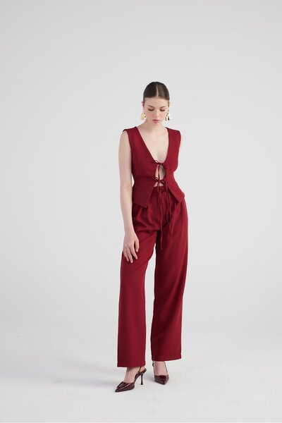 Wide Leg Pleated High Waist Palazzo Giselle Trousers Burgundy